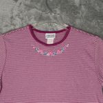 Jantzen Shirt Womens Large Pink White Striped Floral Embroidered Tee Vintage Photo 3