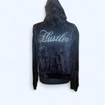 Black velour vintage 2000s Hustler hoodie with rhinestone logo Size Small Blue Photo 1