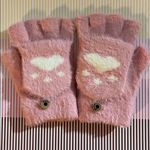 Pink and White Cozy Fingerless Gloves with Paw Print Photo 0