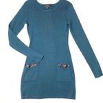 BCX Long Sleeve Ribbed Leather Pocket Tunic Sweater Dress Jade Blue Green Medium Photo 0