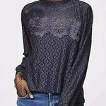Ann Taylor LOFT Gray Lace Mosaic Floral Sheer Long Sleeve Mock Neck Blouse Top Size M Photo 0
