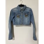 Judy Blue  Cropped Jean jacket Womens Large L Denim Biker  Embroidered Pockets Photo 2