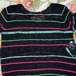 Poof! POOF medium black knit crochet sweater with neon pink and green stripes Photo 4