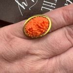 Vintage Floral Carved Ring – 1970s Cabochon, Gold Adjustable Handmade Orange Photo 3