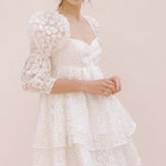 Storia  Puff Sleeve Daisy Mini Dress White‎ Yellow Sheer Tiered Medium Fairy 3D Photo 0