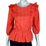 NEW YORK COMPANY NY&CO Red Floral Eyelet Ruffle 3/4 Sleeve Cotton Peplum Blouse Size XL Photo 2