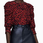 ZARA  Red Leopard‎ Print Ruched Sleeve Top, Size XS Photo 0