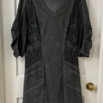 XCVI  Sz L Embroidered Boho Gothic Mixed Media V Neck Tunic Dress Charcoal Gray Photo 0