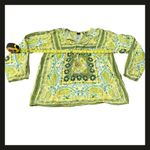 Bila Boho Peasant Top Women’s Medium Paisley Floral Green Yellow 100% Cotton EUC Photo 3