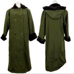 Larry Levine VTG Double Breasted Maxi Long Trench Coat Green Hooded faux Fur M Photo 13