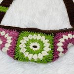 Retro Handmade Green & Pink Granny Square Floral Crochet Small Crossbody Purse Photo 2