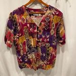 Vintage 80’s gold bling chunky button pink purple batik aztec lightweight top Size 1X Photo 0