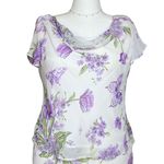 Vintage 90s Y2K White Purple Floral Butterfly Fairycore Top Large Easter Pastel Photo 0