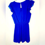 Timing  Blue Sheer Ruffle Sleeve Dress Flowy Pleated Front Photo 6