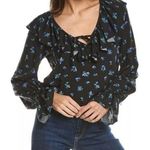 We Wore What New Ruffle Blouse Watercolor Black Multi Ditsy Blue Flower Small Photo 0