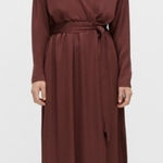 Massimo Dutti Brown Satin Faux Wrap Dolman Sleeve Side Slits Midi Dress Size M Photo 0