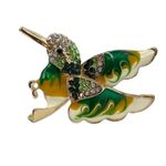 Vintage Hummingbird Brooch Green White Enamel Rhinestone Bird Photo 2