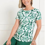 Talbots  Green Floral Print Top Medium Lightweight Stretch Preppy Bloomcore Comfy Photo 0