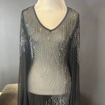 Women’s Black Sheer BodyCon Jumpsuit Silver Accents Bat Wing Sleeves **Size S Photo 3