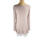 JODIFL Long-Line Blush Pink Taupe Long Sleeve Round Neck Lace Trim Shirt Medium Photo 2