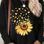 Plus Size Casual T-shirt, Women's Plus Sunflower & Heart Print Long Sleeve Photo 1