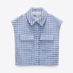 ZARA Blue White Tweed Textured Houndstooth Cropped Vest Jacket Size Large Photo 4