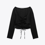ZARA Ruched Cut Out Long Sleeve Top in Black Size Small Photo 2