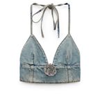 ZARA  BARBIE™ THE MOVIE @WARNER BROS. DENIM CROP TOP Size S rhinestone flower Photo 3
