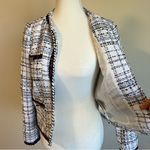 ZARA Textured Tweed Blazer Size Small White, Red, Blue Collarless Open Front Photo 6