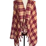 Entro Plaid Fringe Poncho Shawl Red Beige Sleeveless Vest Boho Western Size S Photo 3