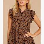Women’s Casual Leopard Print Cap Sleeve Ruffle Neck Loose Babydoll Shirt Brown Size L Photo 1