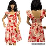 American Vintage Vintage Ruffled Prairie Apron style red white floral patchwork dress size XS Photo 1