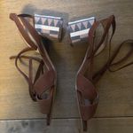 Anthropologie  Tabitha Open Toe Heels Aztec Print Suede Brown‎ Ankle Wrap Size 38 Photo 3