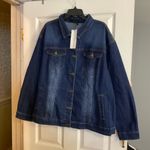 Women's Plus Size Long Sleeve Button Front Washed Denim Jacket Blue Photo 4