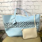 Laser Cut Light Blue Faux Pebble Leather Tote Bag with pouch Photo 2