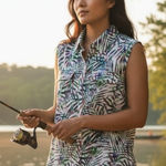Reel Legends Sleeveless Palm Leaf Print Button Up Shirt Women M Saltwater Fishin Photo 0