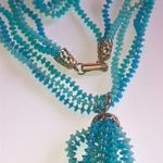 Vintage 3 Strand Blue Beads Tassel Fringe Pendant Beaded Retro Boho Necklace Photo 6