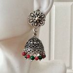 Silver tone green and red beaded Jhumkas Indian earrings Photo 3