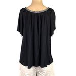 W5  Womens Peasant Top Blouse Shirt V Neck Woven Detail Pullover Black White Med Photo 4