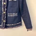 J.Crew  Lady Jacket Navy Blue Floral Liberty Fabric Ruffle Trim Tweed Blazer (4) Photo 6