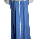 Handmade Vintage 70s  Maxi Dress L Blue Eyelet Lace Sleeves Square Neck Boho Photo 0