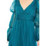 Mac Duggal 68254 Teal Chiffon Ruched Tiered Puff Sleeve A Line Midi Dress Photo 3