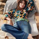 CAbi Favorite Blouse Buttons Balloon Sleeve Black Teal Pink Gold Flowers Large Photo 0