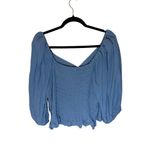 Open Edit Tie Front Puff Sleeve Blouse - Blue Chambray Size 2X Photo 7