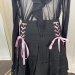 Hot Topic  Skater Punk Grunge Pink Bow Black Pleated Mini Lace Up Skirt S / M Photo 3