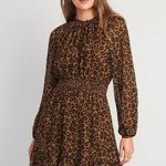 Old Navy NWT Waist Defined Printed Smocked Mini Dress Leopard Sheer Long Sleeve M Photo 0