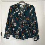 Anthropologie Anthro Everleigh Dark Green Blue Floral V Neck Ruffle Wrap Long Sleeve M Photo 0