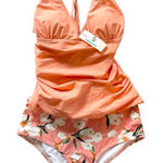 Beachsissi Tankini Swimsuit Floral High Waist Tummy Control Peach Pink M Summer Photo 0
