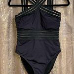 Kenneth Cole Black One Piece Cross Neck Illusion Striped One Piece Swimsuit, M Photo 0