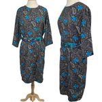 Vintage Midi Dress Paisley Floral Printed Belted Black Blue Womens Medium Photo 1